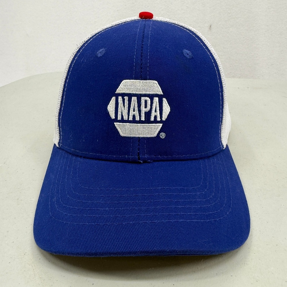 NAPA Trucker Hat Mens OSFA Blue White Embroidered Logo Snapback Mesh Flag Cap